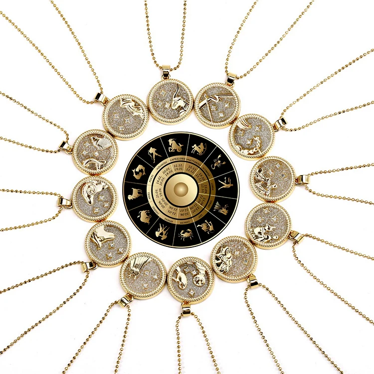 Day And Night Gold Plated Coin Shaped Charm Horoscope Astrology Pendant Women 12 Zodiac Sign Necklace Jewelry
