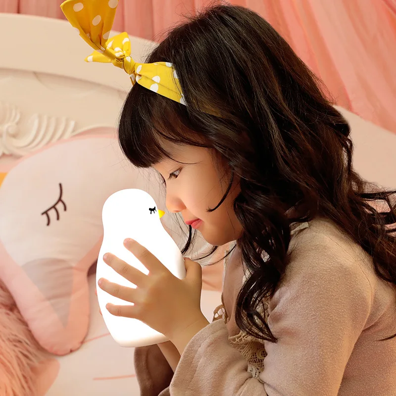 Cute LED Penguin Night Light Alarm Clock silicone Bedside Lamp with clock USB Rechargeable Sleeping Lamp for Girls Boy room