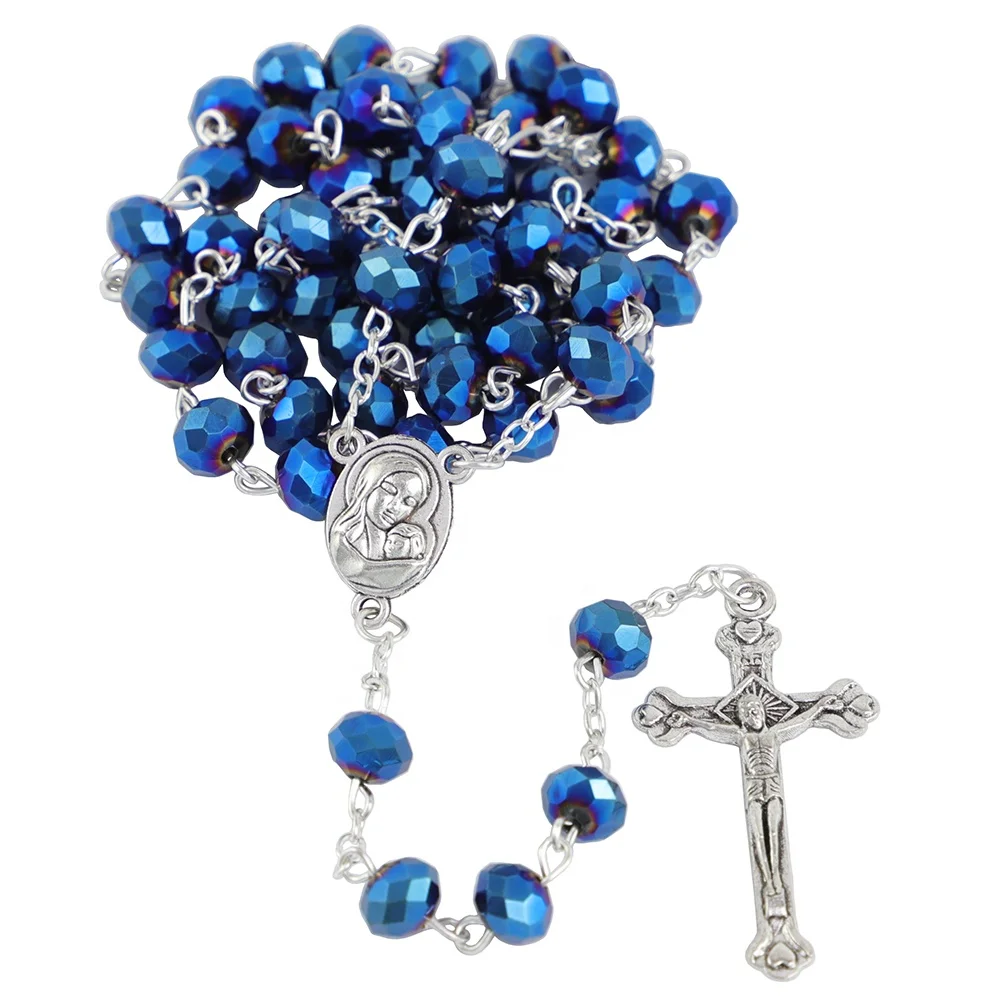 Catholic Crystal Beads Rosary Necklace with Holy Soil Medal Jerusalem Communion Rosary