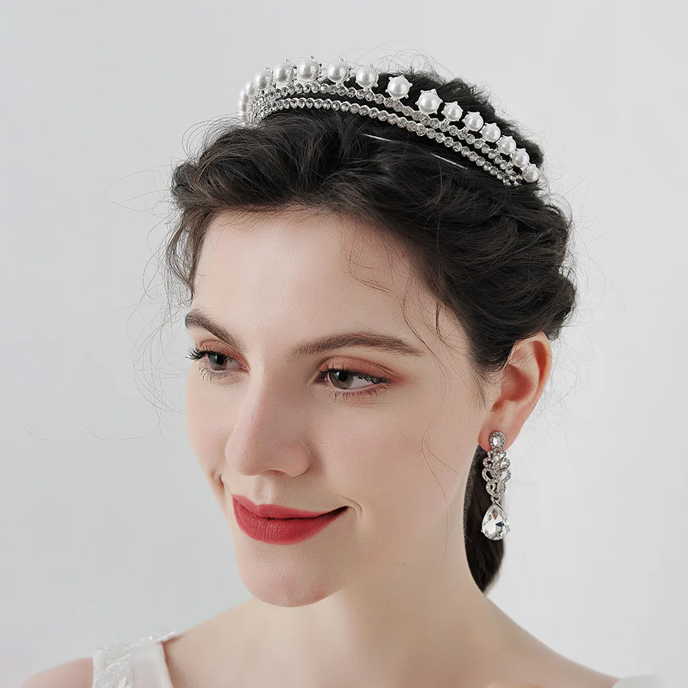 Adult Birthday Party Alloy Crown Pearl Rhinestone Jewelry Cake Crown Princess Wedding Dress Hair Accessories Bridal Tiara