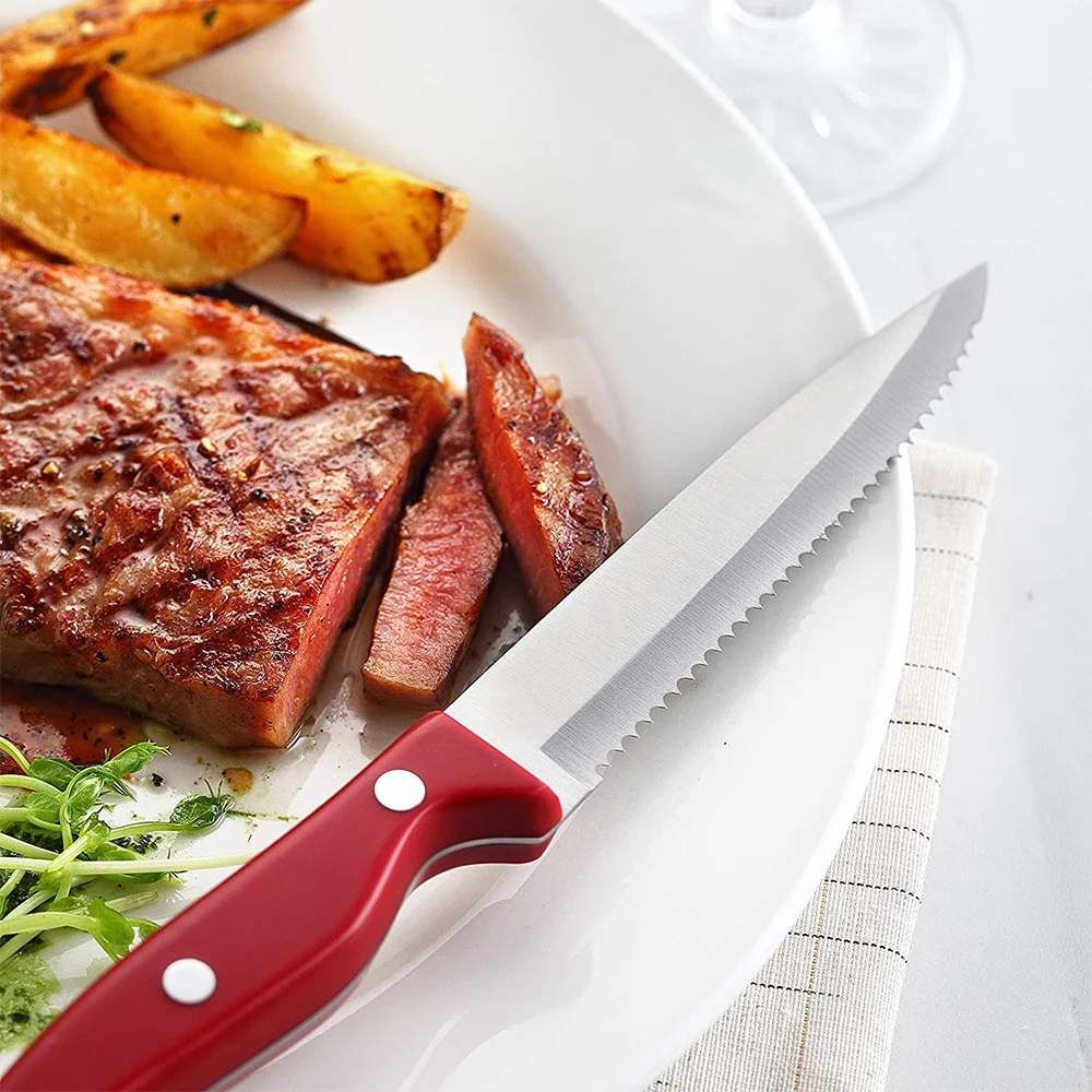 Premium High Quality Luxury Full Tang Serrated Stainless Steel Dishwasher Safe Dinner Knives Plastic Handle Steak Knife Set of 8