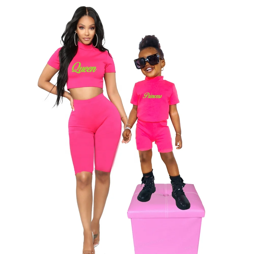 Custom Logo Pattern Solid Color Mommy and Me Outfit 2 Pieces Biker Shorts Set