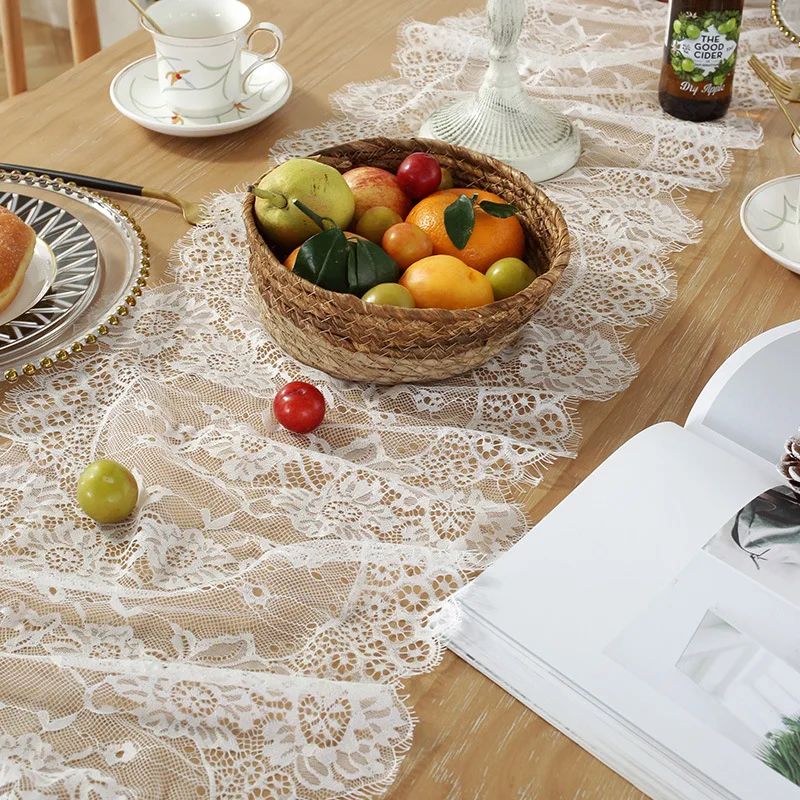 Luxury White  Exquisite Bridal Decor Rustic Boho Rose Overlay Floral Lace Table Runner For Wedding Party