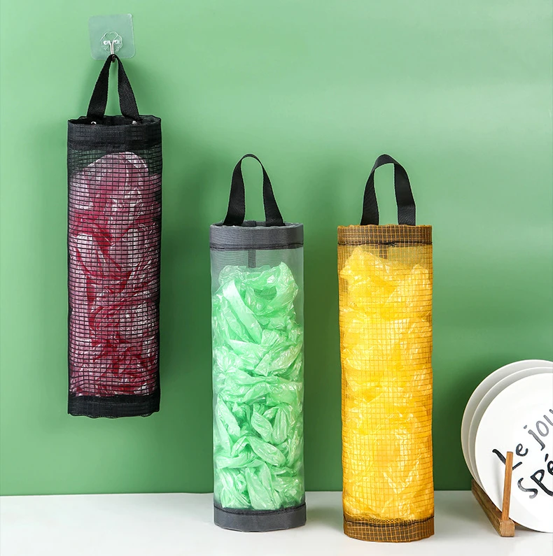 DLL274 Kitchen Wall Mount Hanging Mesh Garbage Bag Organizer Dispenser Reusable Grocery Bags Holder Storage Bags
