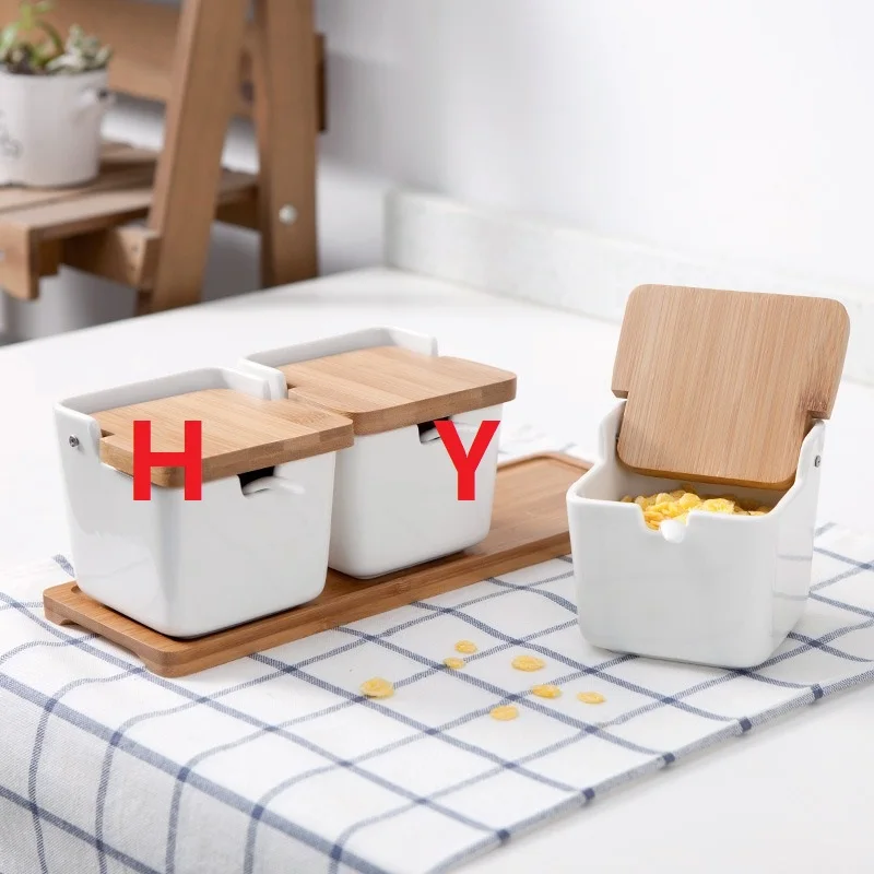 Hot Sale Spice Container 3 Pack White Seasoning Bowl For Sugar Tea Coffee Spice Square Porcelain Condiment Jar