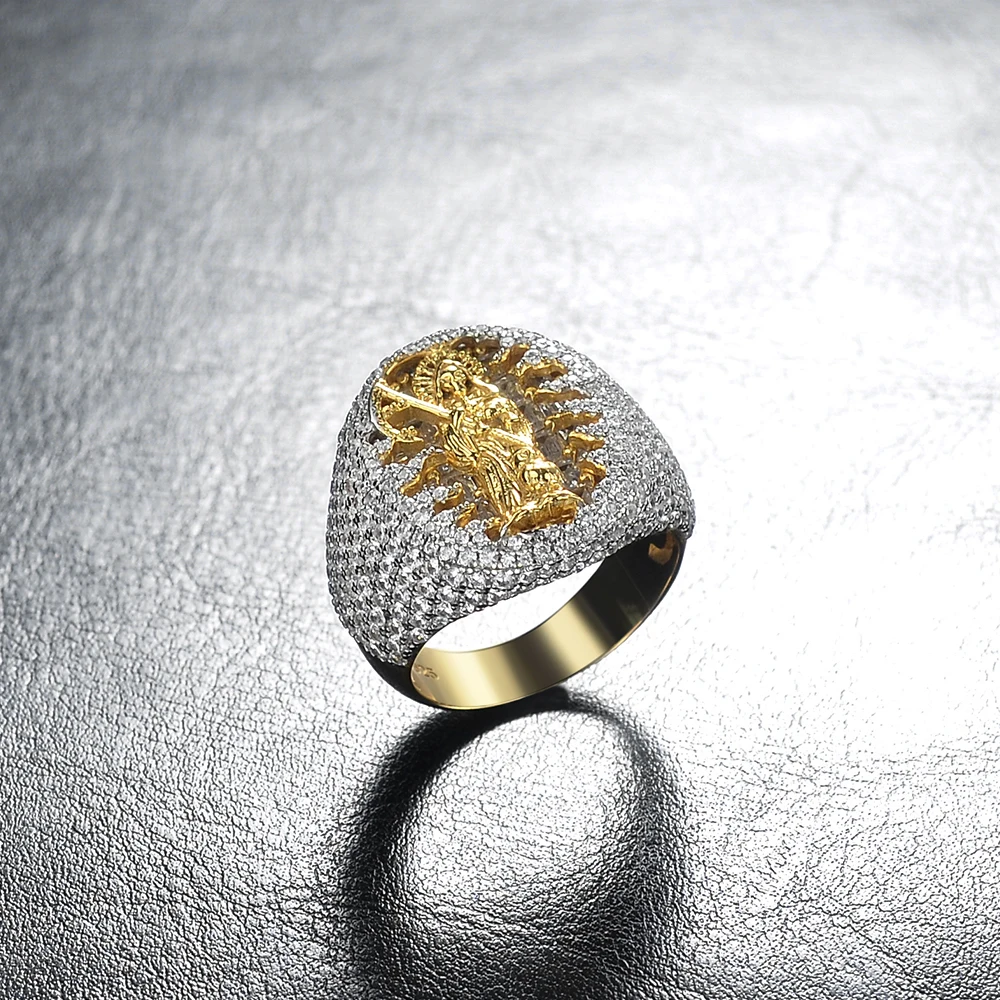 Luxury Jewelry Bling 925 Sterling Silver Halo Cz Stones Antique Yellow Gold Metal Plated Round Authentic Hip Hop Rings