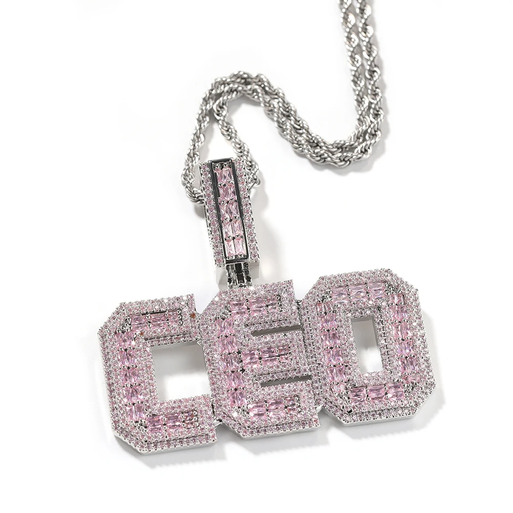 Uwin Hip Hop Jewelry Fashion Jewelry Necklaces Pink CZ Beauty Women Jewelry Baguette Zircon Custom Name Pendent Charming