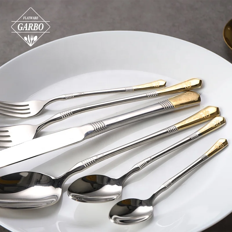 Modern food grade dishwasher safe tableware 201 stainless steel mirror laser gold plated cutlery flatware sets