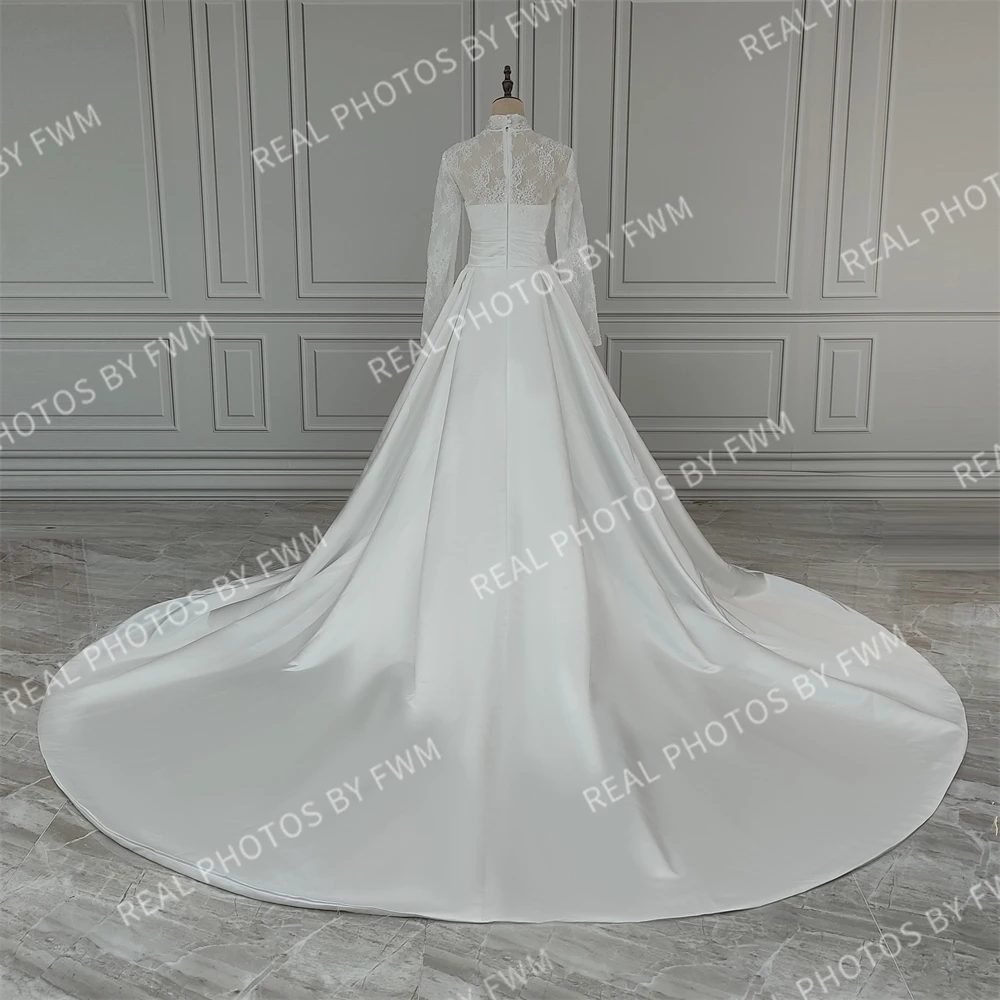 100% Real Photos Muslim Dubai High Neck Long Illusion Sleeves A-line Wedding Dress With Pearls Beaded Lace Bride Gown For Women