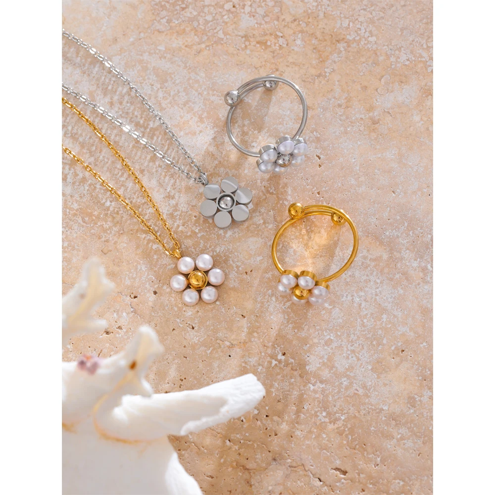 JINYOU 4438 Exclusive Simulated Pearls Flower Golden Necklace Ring Set PVD Stainless Steel Sweet Jewelry Set for Women Gift