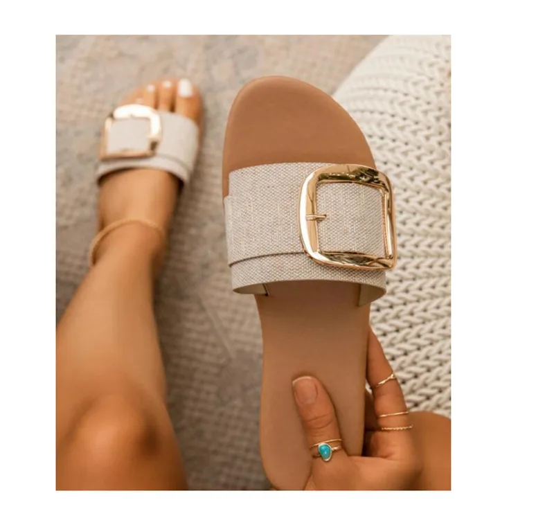2024 Summer Buckle Decoration Flat Slipper Open Toe Beach Outdoor Slides Sandals For Women