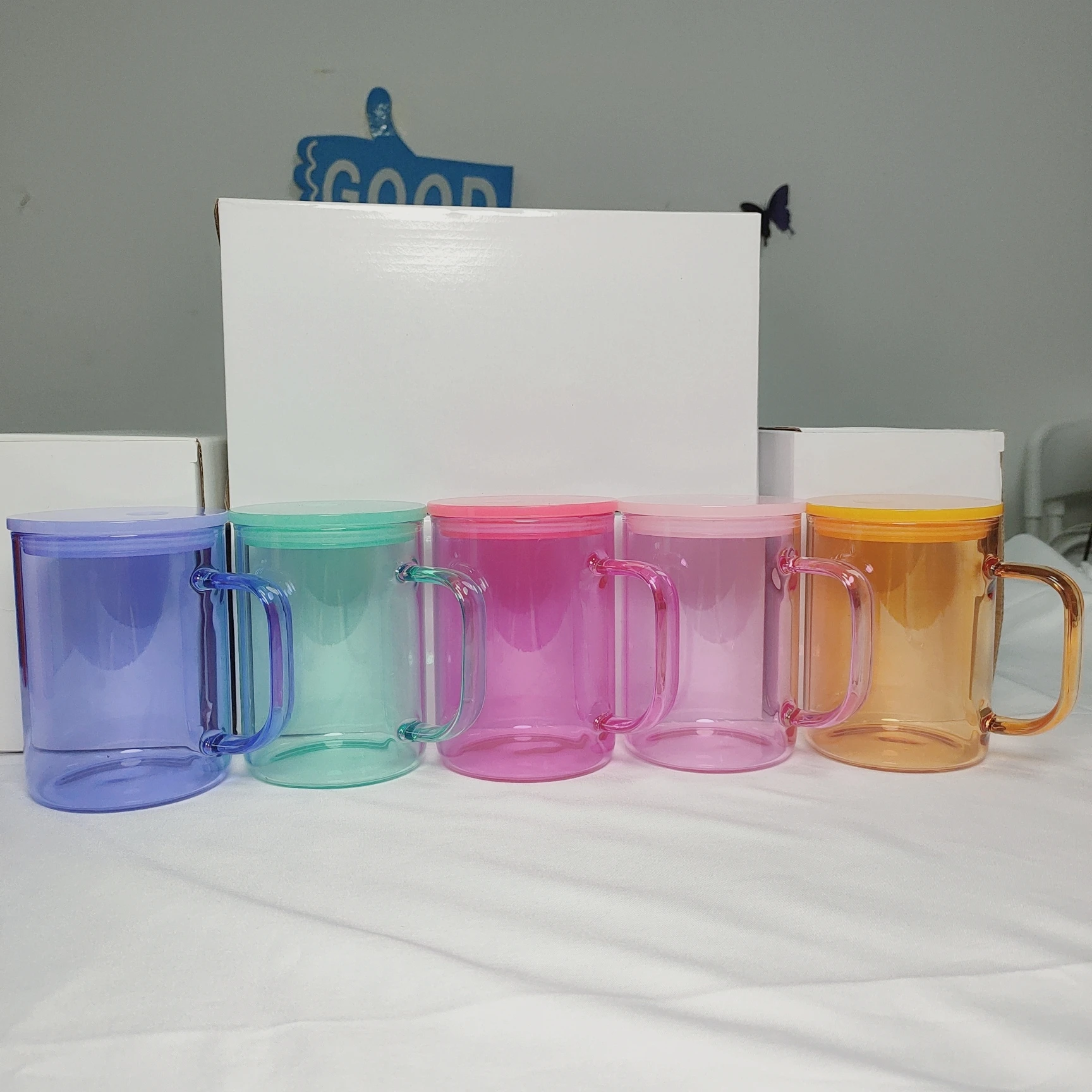 wholesale bulk mixed color 17oz sublimation white shimmer jelly glass can cup mug tumbler with bamboo plastic lid and straw