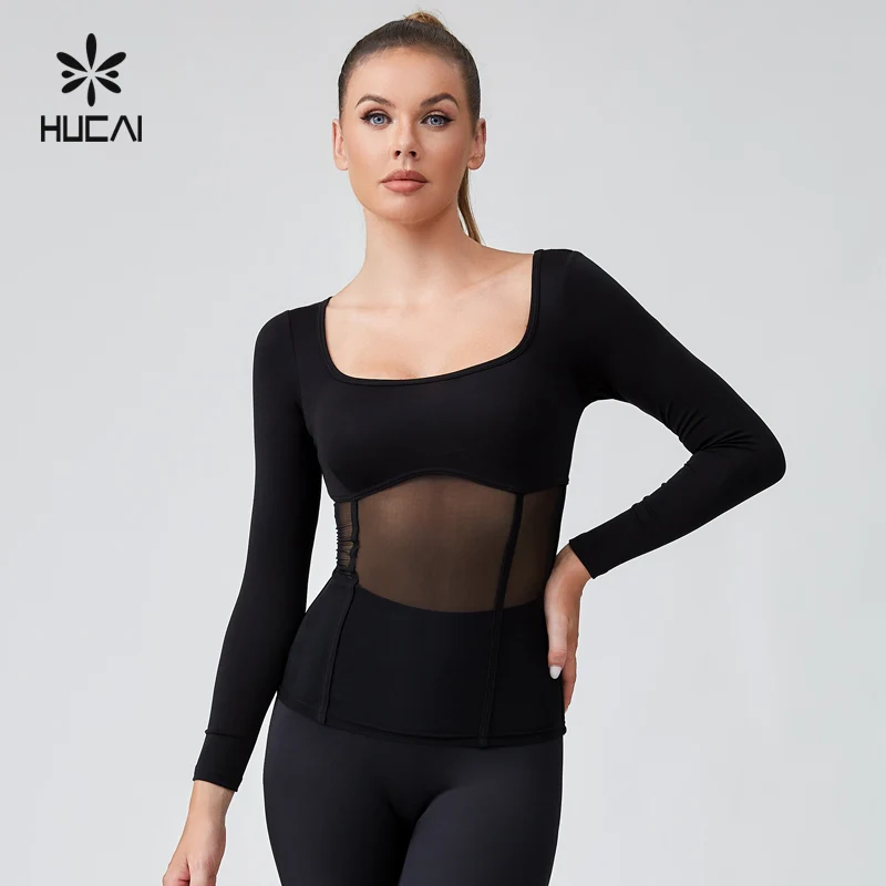 HUCAI custom modal spandex slim fit sexy square neck sports corset mesh patchwork Yoga top long sleeve gym t Shirt for Women