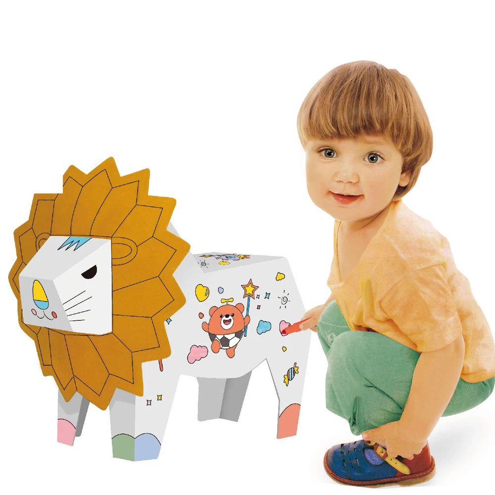 OEM large paper children diy drawing doodle doll for diy dream house 3D puzzle kids painting lion toy