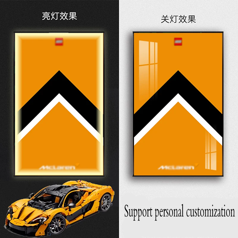 Custom Hanging Art Deco Decorative Glass Display Modern Famous Sports Car Wall Mural Building Block Frame LED Famous With Light