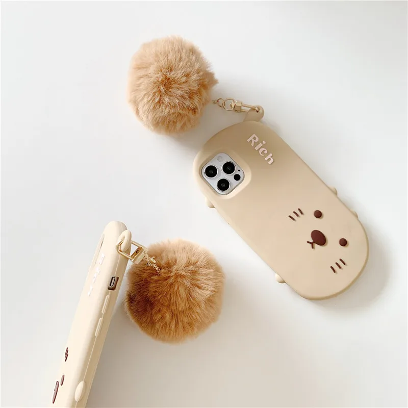 
Luxury 3D Cute Cartoon Silicone Rich Cat Cell Phone Case For iPhone12 Pro max 11 pro Pendant Pompom Fur Ball Silicon Back Cover 
