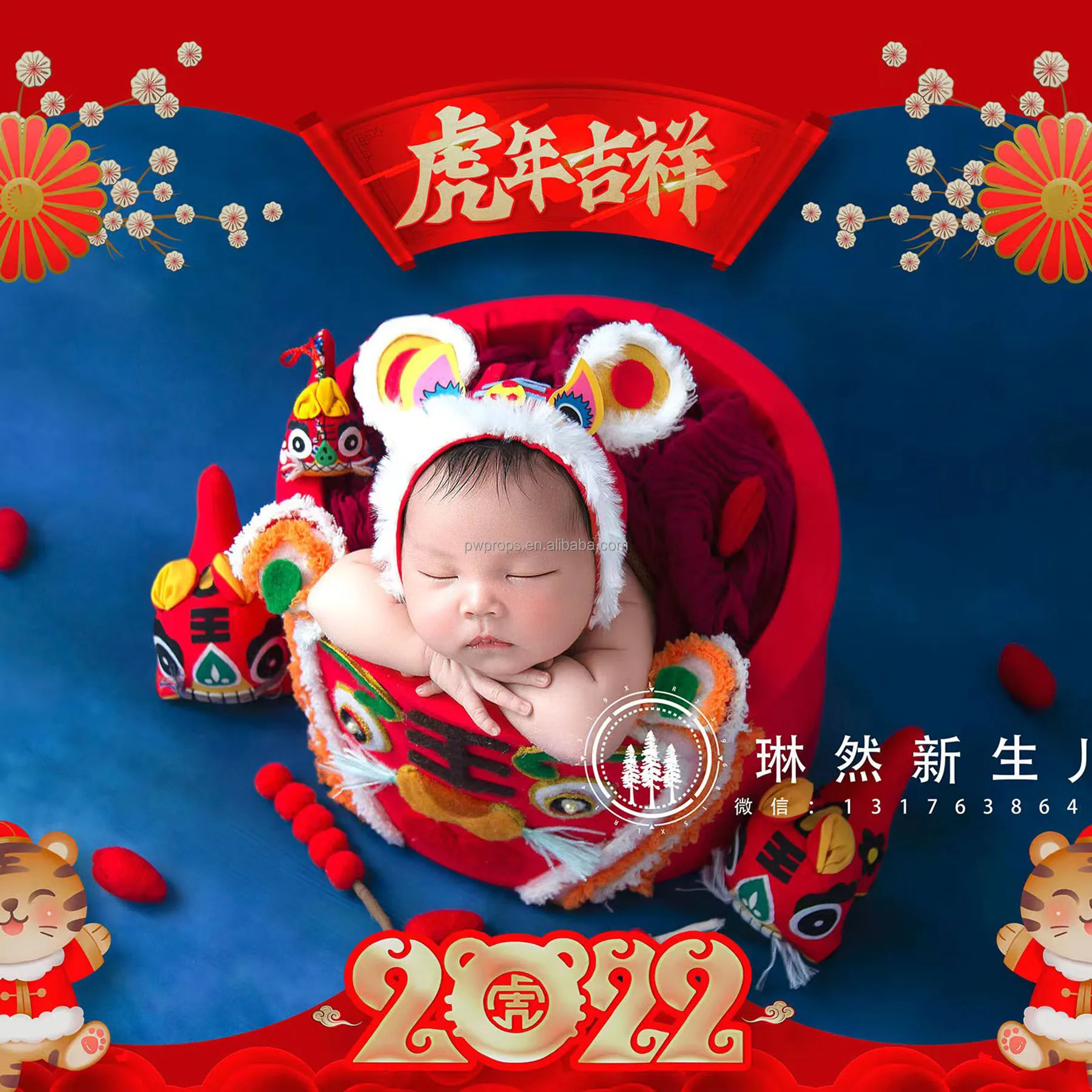 Chinese Style Dragon Bonnet Newborn Photography Props Handmade Baby Pompom Bonnet Photo Studio Accessories