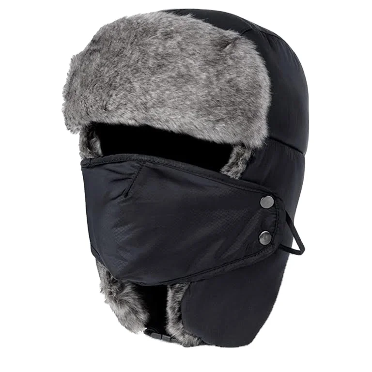 
Wholesale Winter Bomber Hats Men Thicker Fur Earflap Heating Plain Snow Russian Plush Ski Hat with mask 