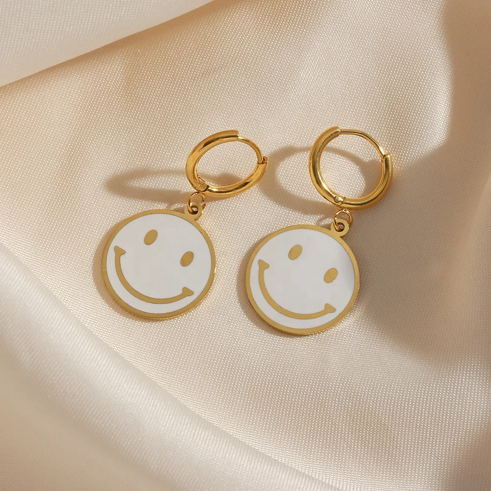  Colorful Fashion Enamel Earrings Stainless Steel Green Pink Black Smile Face