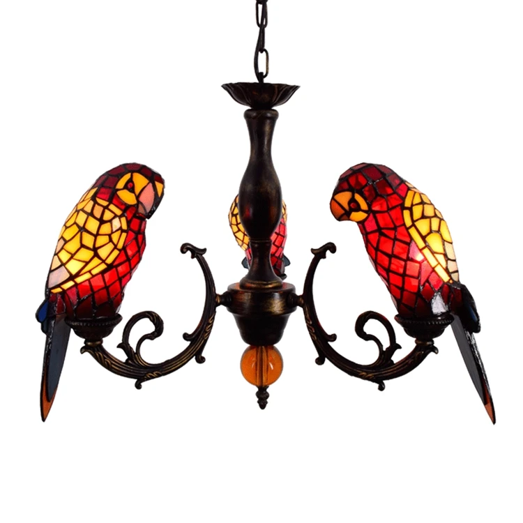 
 Оригинальная красная люстра в стиле ретро для гостиной, ресторана, спальни, бара, фойе, коридора, попугаев, трехголовая люстра из витражного стекла Тиффани  