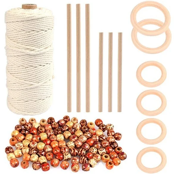 Macrame Kit-109 Yards Soft Natural Macrame Cotton Craft Rope 3mm with Wood Beads,Wood Ring,Wood Stick for Plant Hanger,DIY,
