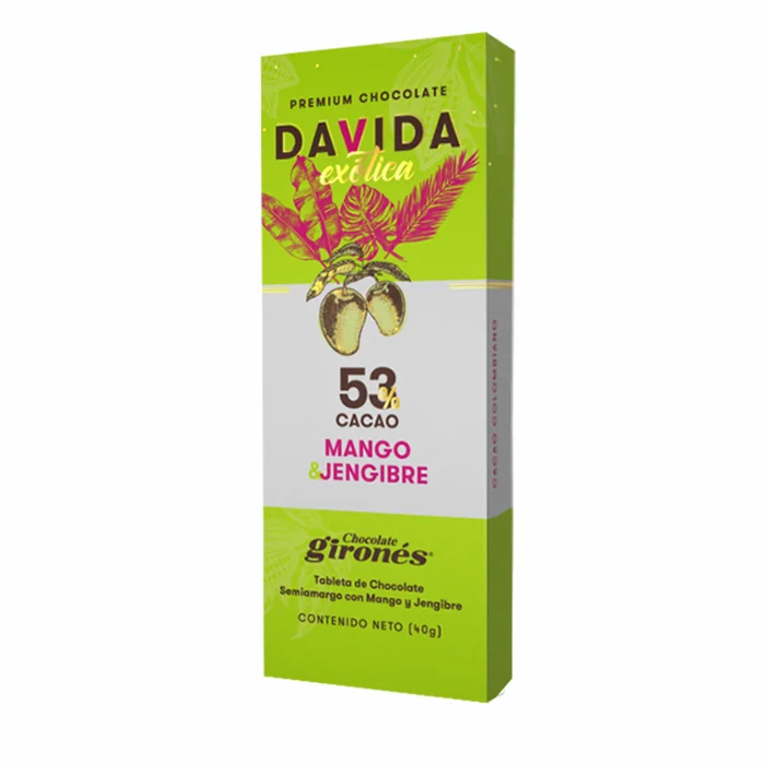 DAVIDA Wholesale Semisweet Chocolate Bar 53% Cocoa with Colombian Fruits Mango & Ginger 100% Premium Colombian Cocoa
