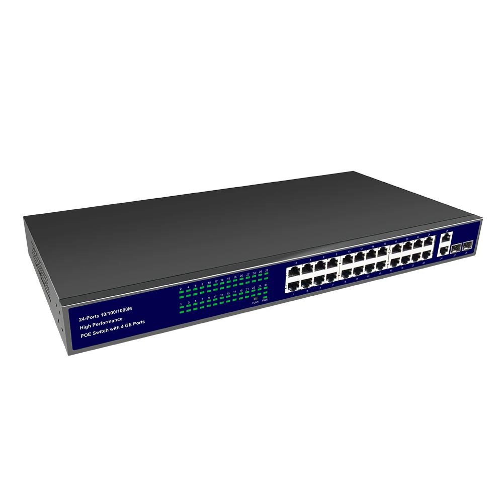 24 Ports Gigabit PoE Switch with 2 SFP Fiber port, support auto-negotiation, auto MDI/MDIX