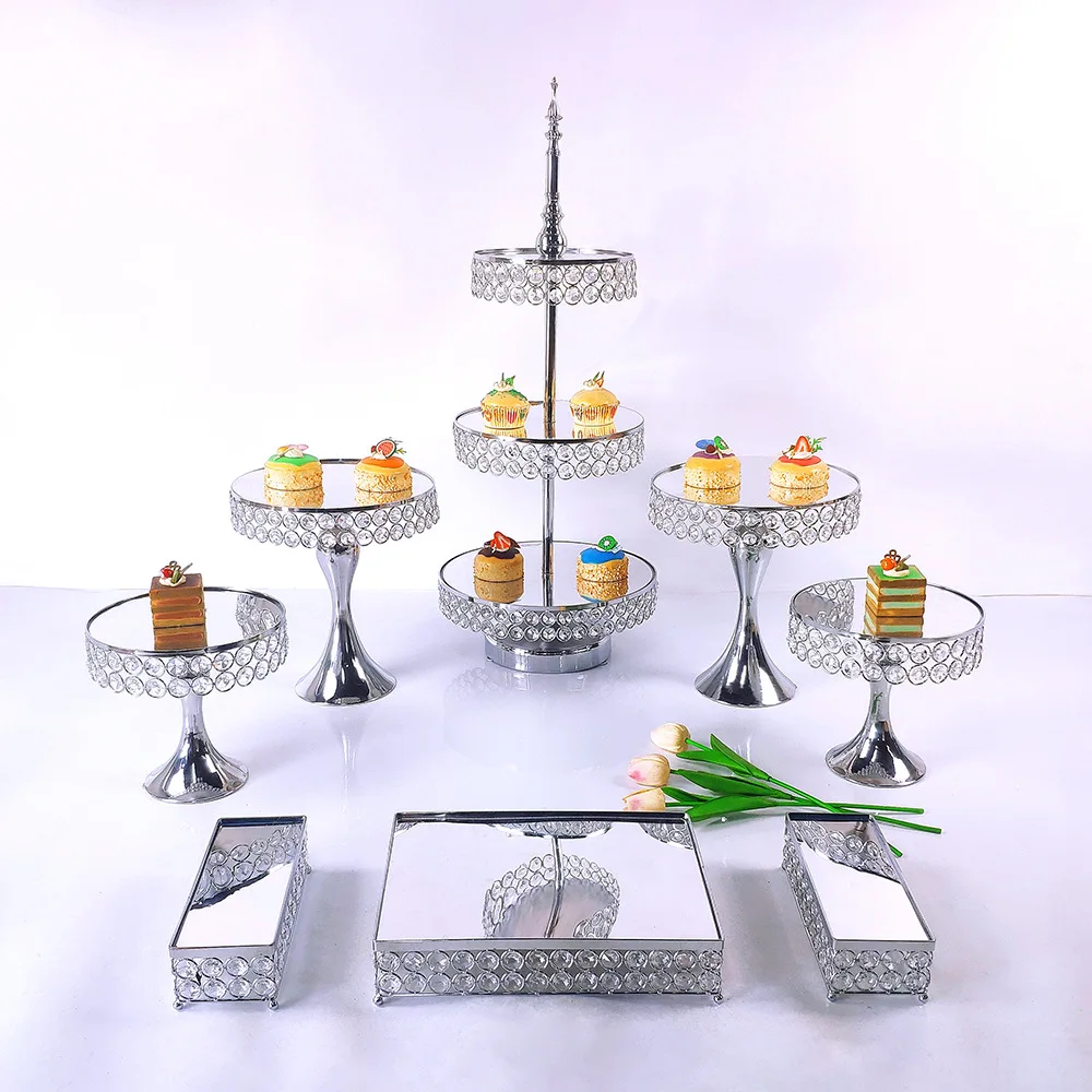 3 to 16 Pcs Crystal Round Candy Cupcake Cake Stand Decorations Set Party Wedding Props Gold Silver Dessert Tray