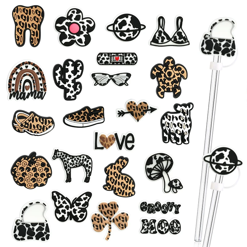 Wholesale Bulk 10mm Silicone Straw Cover For Tumbler Straw Toppers Leopard Straw Toppers Charms For Glass Tumbler