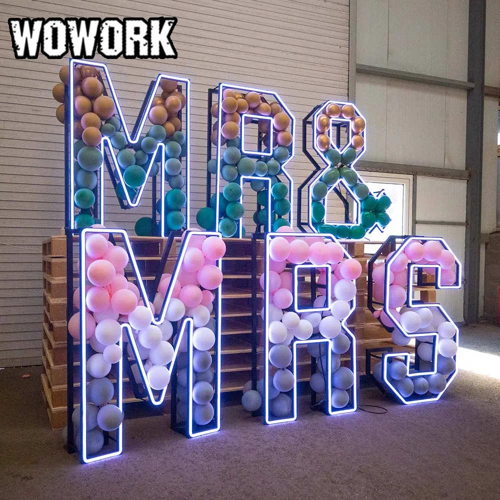 WOWORK оптовая продажа светодиодная неоновая рамка складная буква mr и mrs цифры которые можно сложить для украшения свадьбы дня рождения