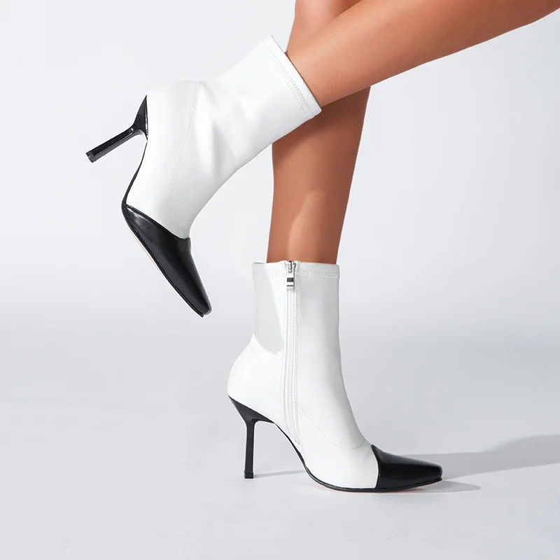 2024 Fashion European Style Double Color Stitching Ladies Thin Heel Boots Luxury Dress Ankle Boots Heels for Women