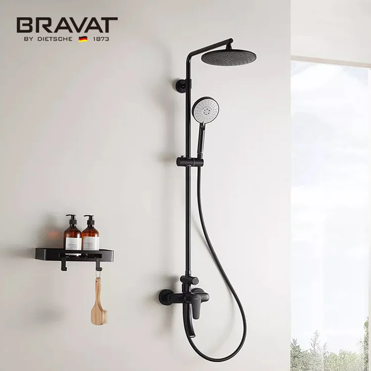 Bravat Luxury Hotel Bathroom Cold And Hot Black Single Handle Wall Mounted Shower Mixer Set Rain Shower Set