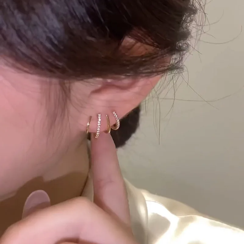 Korea simple gold plated line zircon 925 sterling silver needle stud earrings for girls