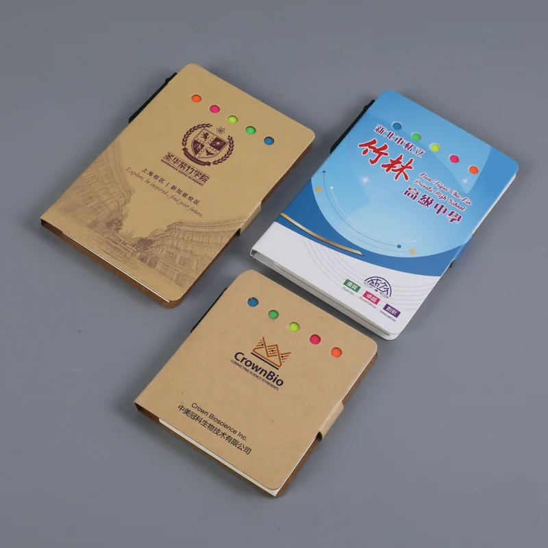 Kraft Paper Cover Steno Pads Notepad with Pen in Holder Sticky Notes and Page Marker Colored Index Tabs for School Office