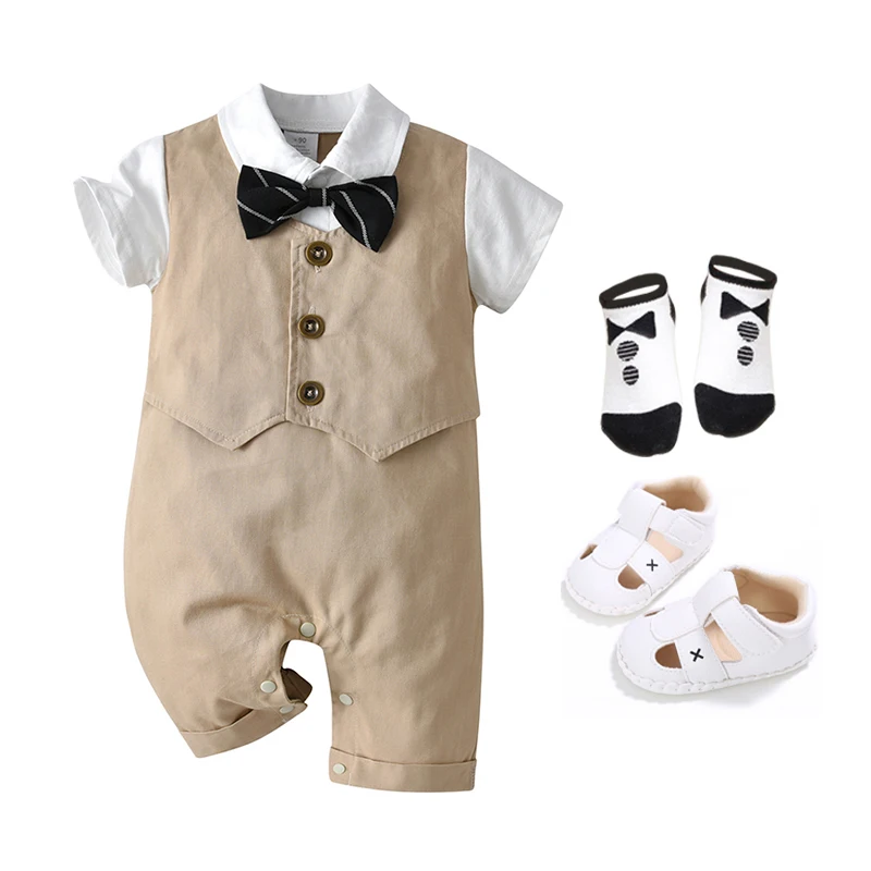 2022 Wholesale Cotton Toddler Baby Bodysuits Little Gentleman Cute Rompers Set Short Sleeve 1Y 2Y Infant Children Suit Boys