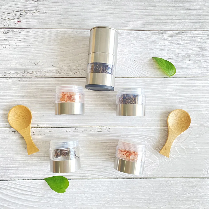 Salt and Pepper Combo Mill Silver Clear 5 in 1 Manual SS Pepper Mill  with Transparent Spice Chambers
