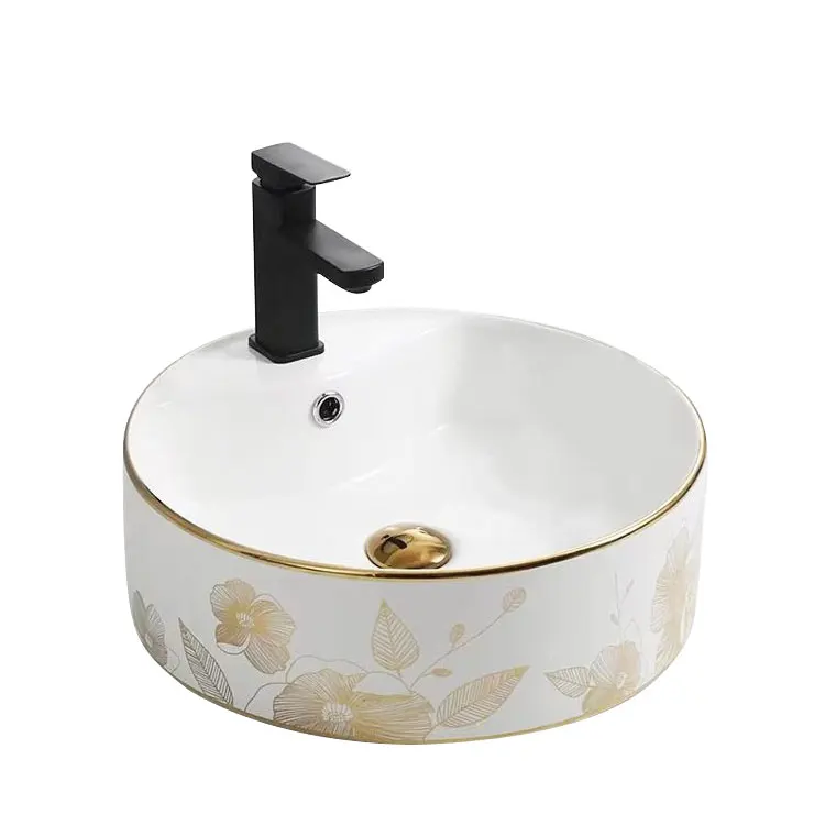Art Basin Gold Pattern Round Countertop Ceramic Bathroom Hotel Vessel Sink Luxury
