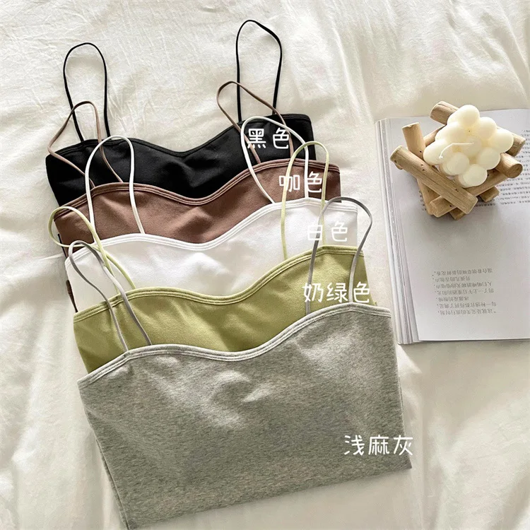 Women Simple Solid Color with thin straps beauty back sling sexy Fixed cup vest wrap chest seamless tube top bra for women