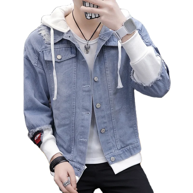 2021 Wholesale Custom Denim Jacket Men Hooded Jean Hoodie Blue Jeans Jacket for Men