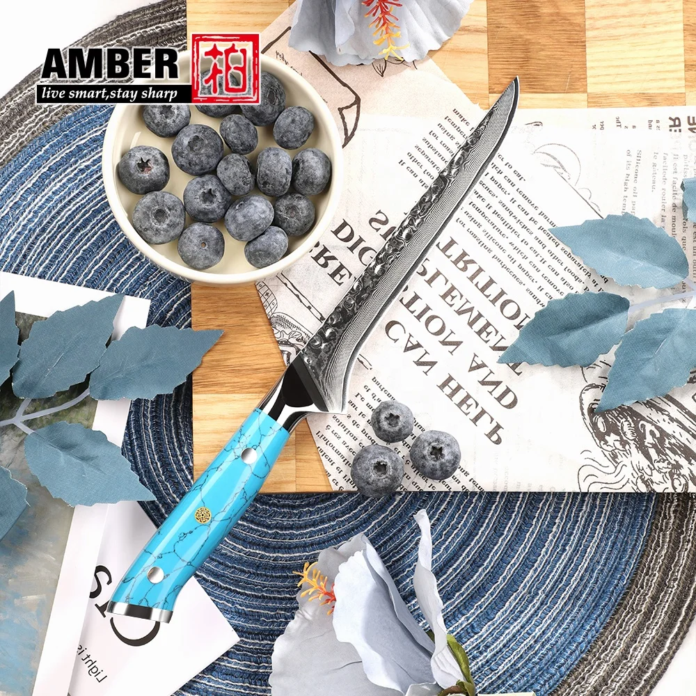 6 inch Ultra sharp damascus knife 67 layer boning knife with pine resin handle with blue turquoise Handle