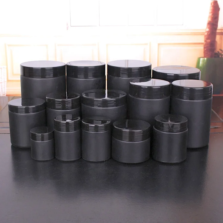 
1oz 3oz 6 oz 12oz matte black glass storage cylinder jars glass jar with plastic screw lid 