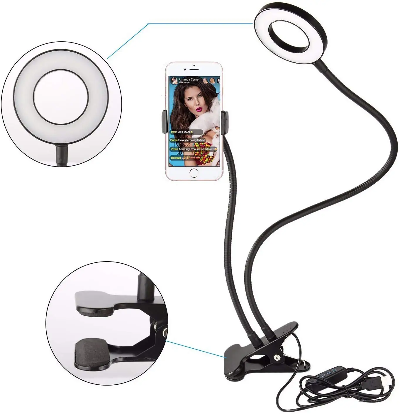 Adjustable Mobile Phone Holder Selfie Light Ring Flexible LED Ring Light With Long Arm Cellphone Clip Holder LED Ring Light Inch