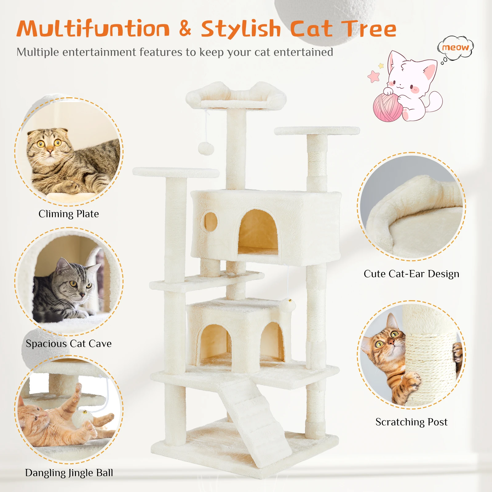 Indoor Cats Tall Multi-Level Tower 54 inches Pet Play House with Large Condo  Climbing Ladder Dangling Toy for Dog pet cages