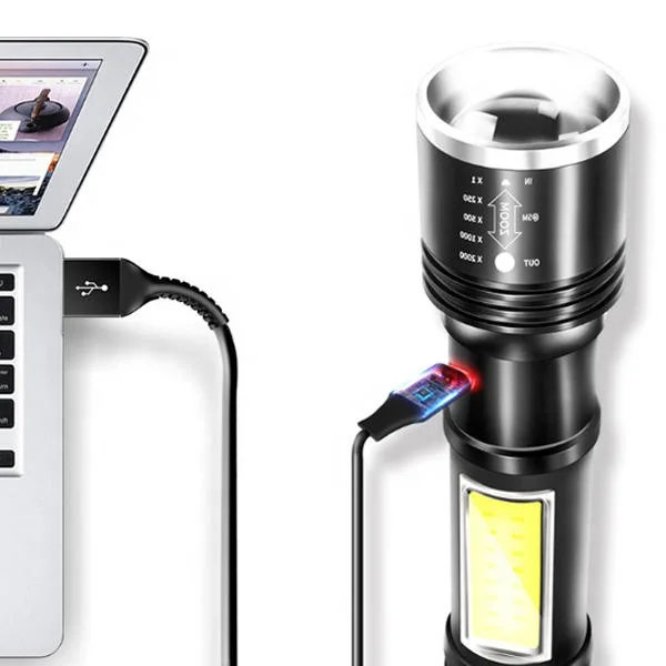 
High Quality USB Rechargeable LED Torch LED Zoomable Aluminium flashlight with LED + COB 2 Source 