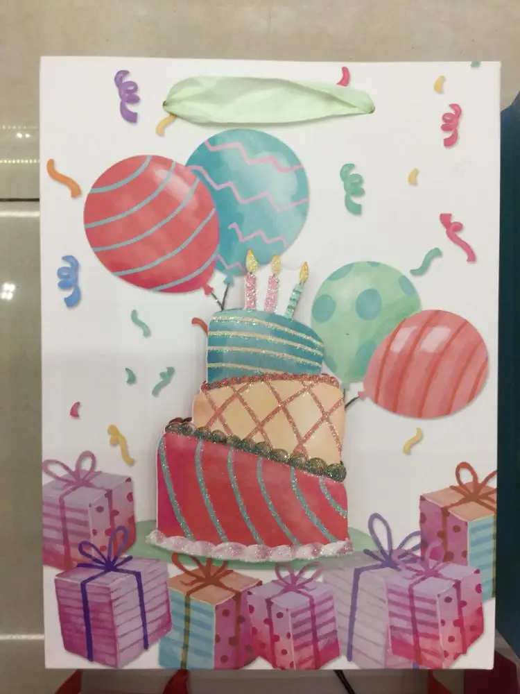 Wholesale custom happy birthday series 3D pattern glitter shopping gift paper bags for kids