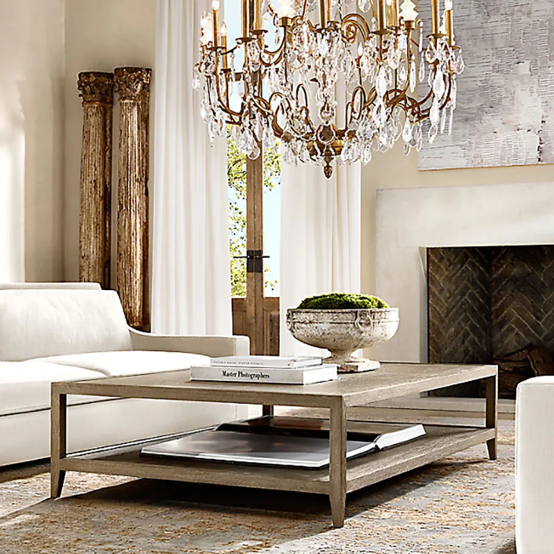 New Sales Home Furniture Living Room French Style Solid Oak Wood Brush Rectangle Antique Coffee Table