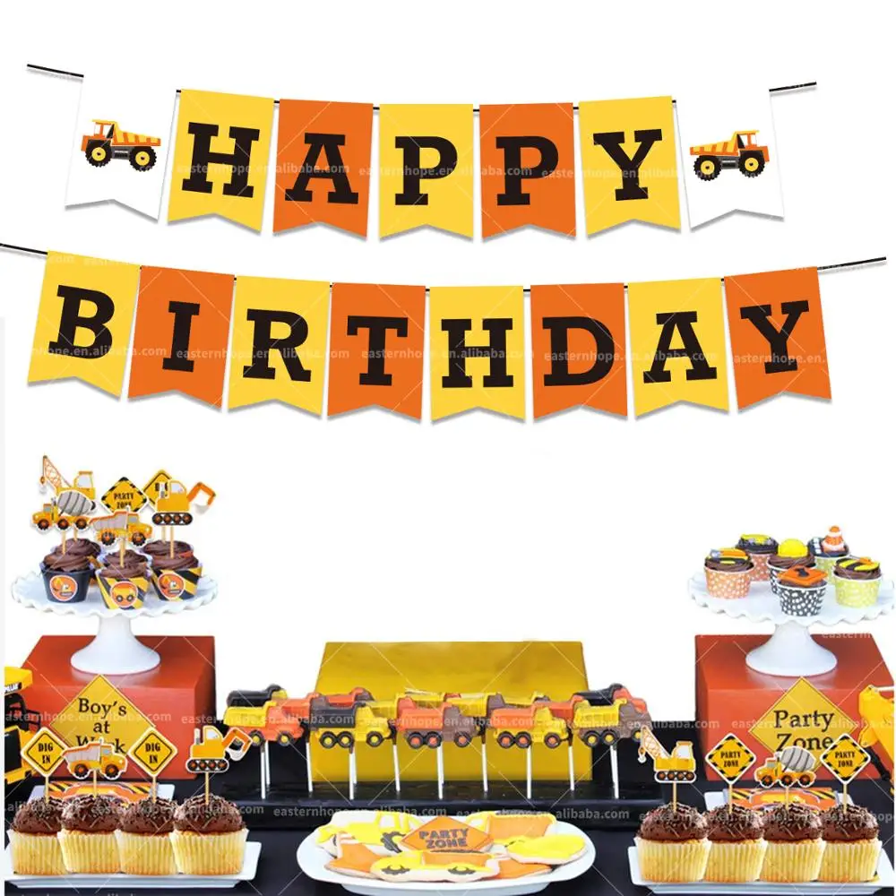 
EasternHope Construction Birthday Party Supplies Banner Construction Happy Birthday Banner with Builder Bulldozer Excavator 