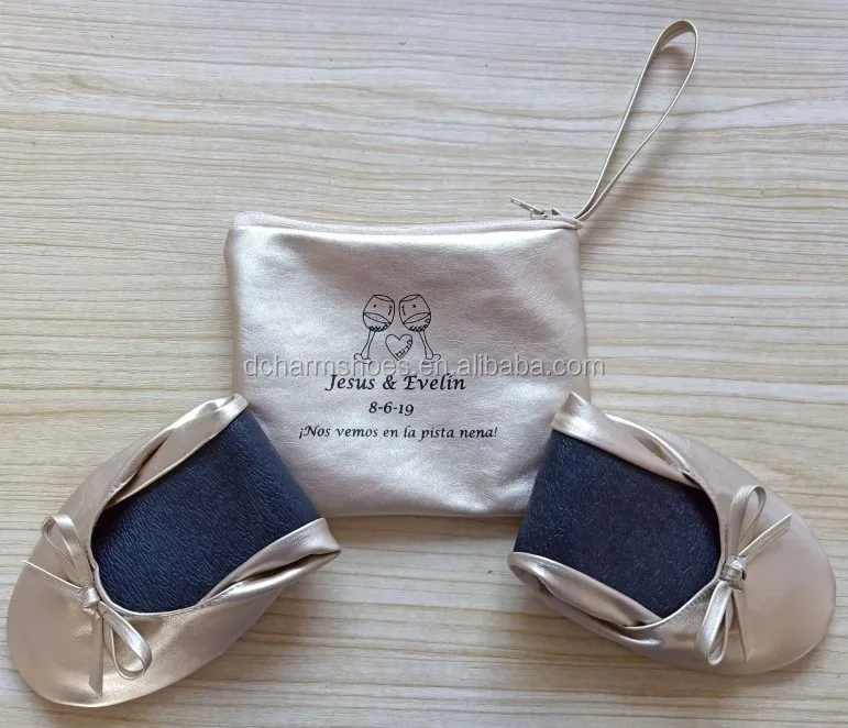Custom Design soft gold rollable ballet flat with organza bag packing for Giveaway shoes