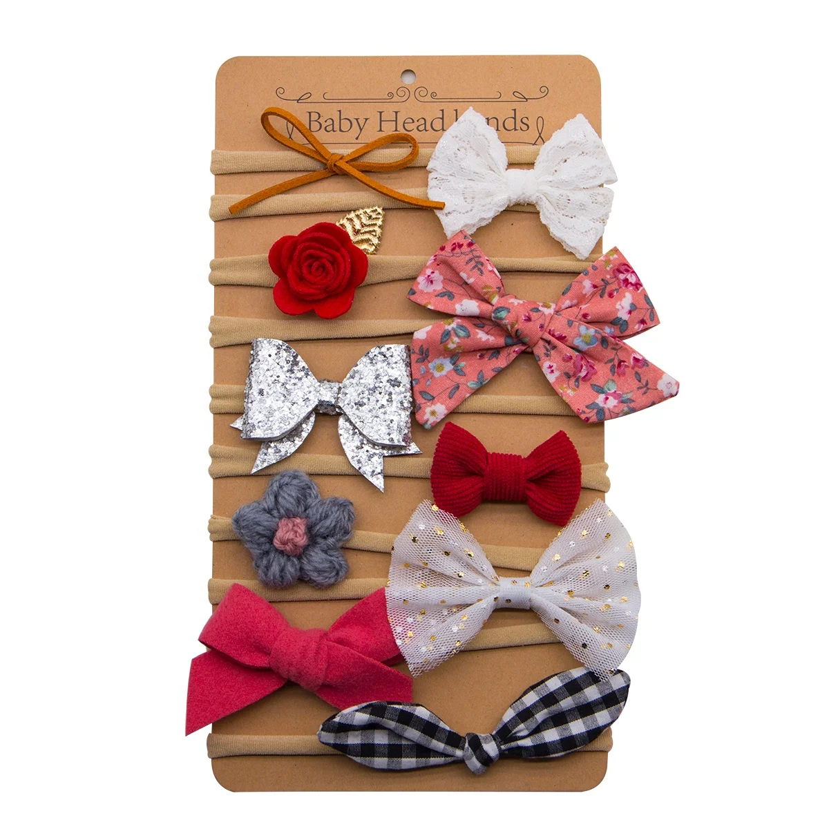 Baby Girl Headbands and Bows, Newborn Infant Toddler Nylon Hairbands Mixed Set of 10