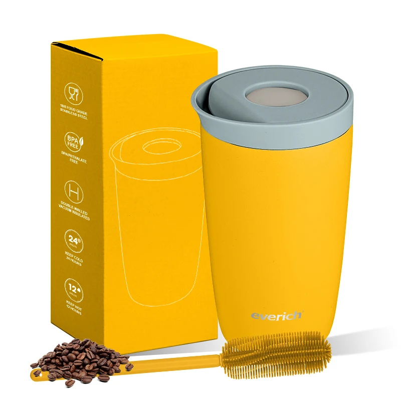 Everich 350ml Stainless Steel Vacuum Insulated Coffee Travel Mug Spill Proof, Thermos Cup with Leak-proof Push-type Switch
